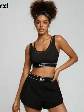 Activewear Sports bra short Matching Set Athletic Black Brxl New
